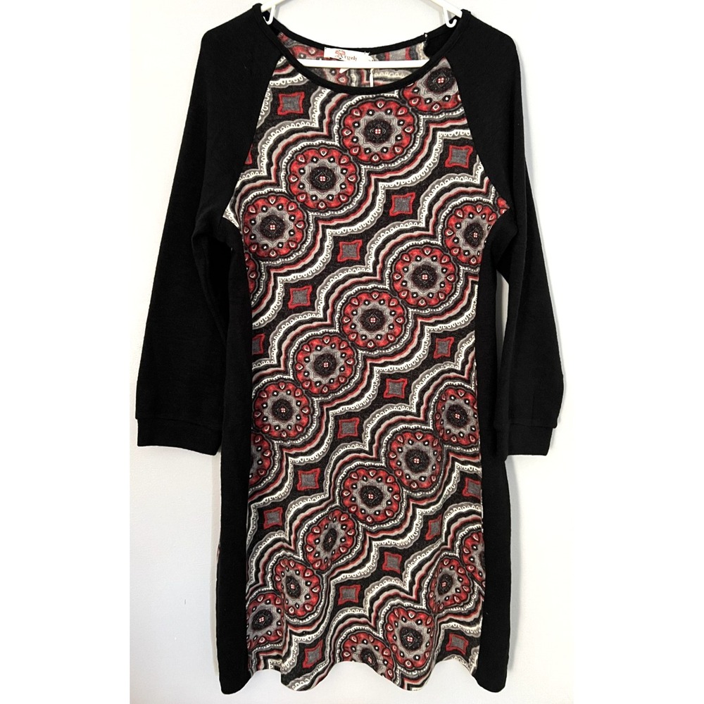 Aryeh Design Dress Women Large Black Red Medallion Raglan Tunic Sweater Knit NWT